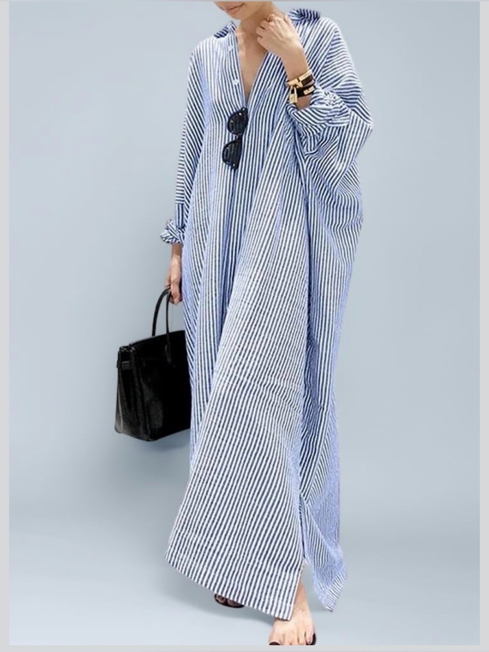 Chouyatou Women's Casual Long Sleeve Striped Cotton Maxi Shirt Dress